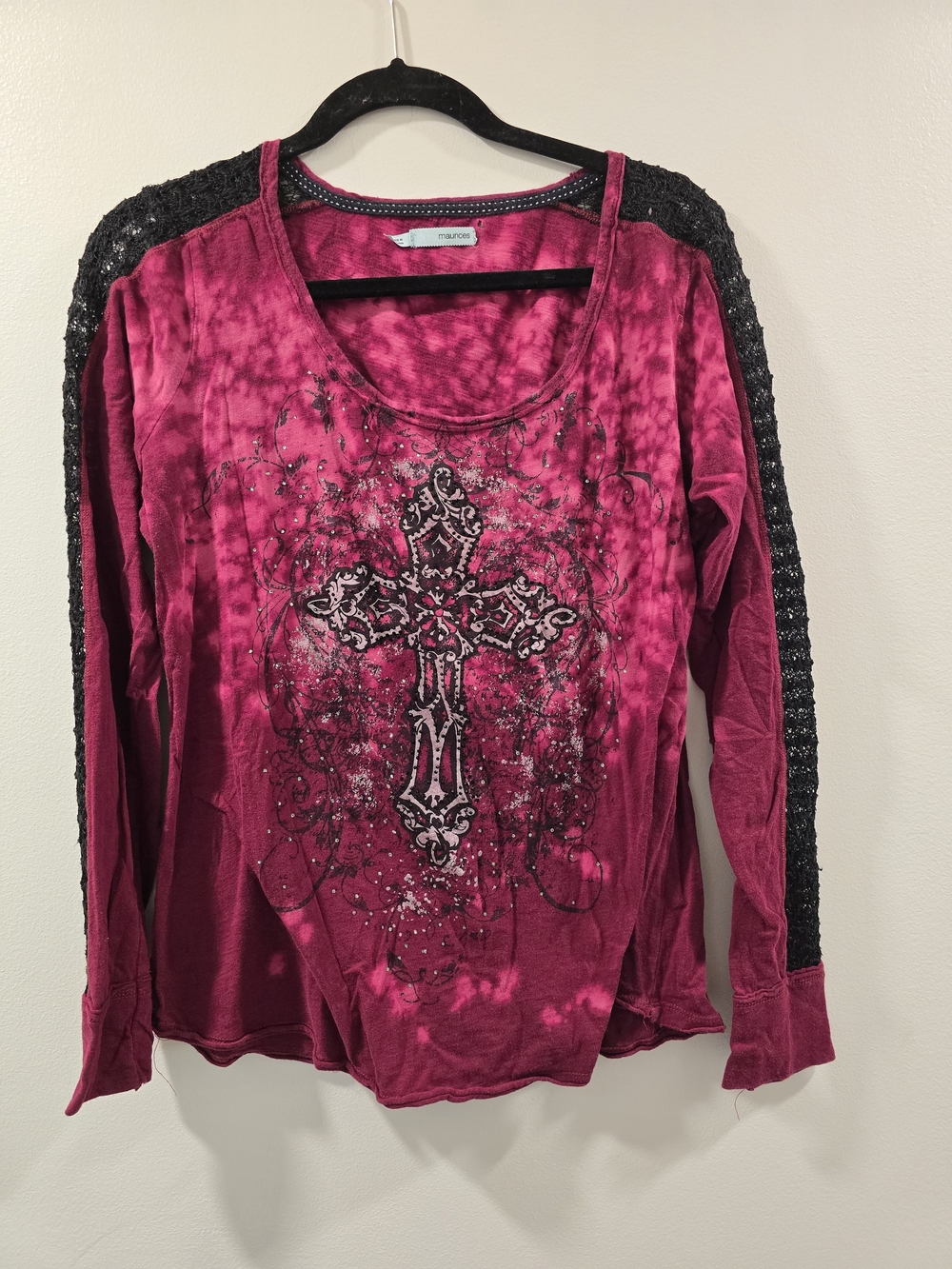 Maurices Fuchsia Tie-Dye Long Sleeve Top with Cross Graphic